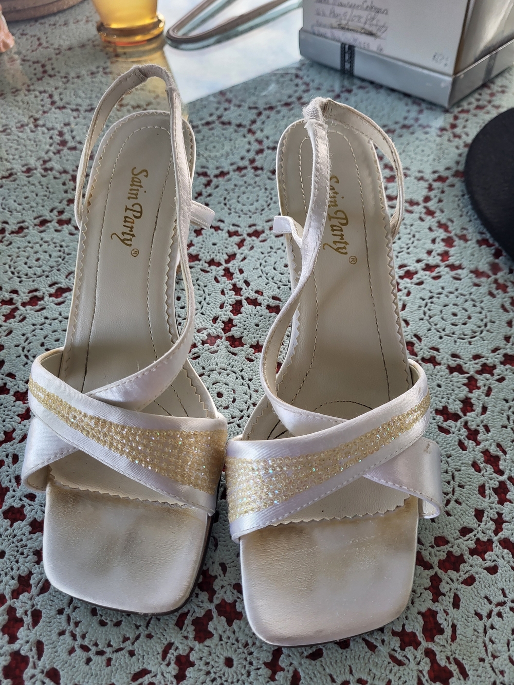 Satin Party Fashion Women's White & Gold Slingback Dress Shoes